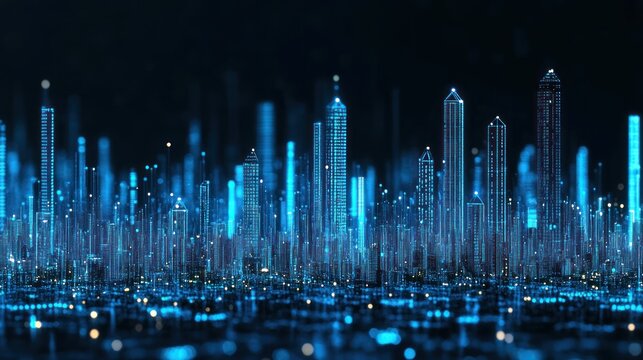Digital Cityscape Neon Blue Skyline Glowing Lightscape Modern Design