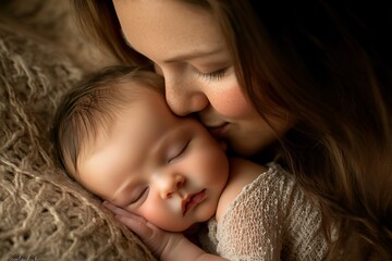 Newborn baby sleeping in mother's arms, a family moment at home