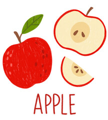 Red apple with leaf, half of an apple, an apple slice and lettering
