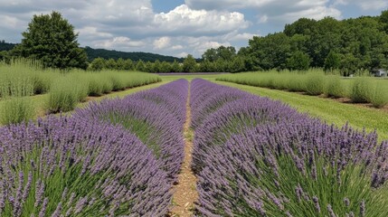 A lavender farm with rows of vibrant purple flowers stretching into the horizon
