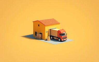 3D cartoon-style illustration of a warehouse with a truck parked next to it, rendered in an isometric view with a minimalistic design. 