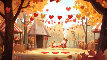 Autumn celebration with hearts and cute animals in a forest with a festive market scene