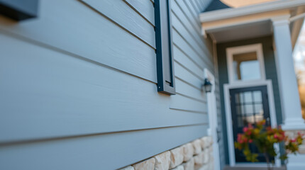 Modern House Exterior with Grey Siding and Stone Accents. High-quality image showcasing the architectural details and design elements of a contemporary home.