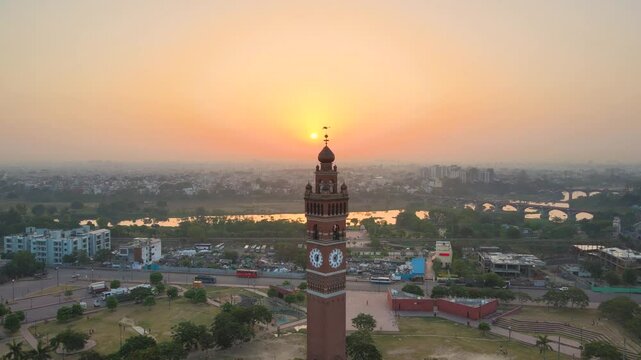 Aerial drone shot of Lucknow&rsquo;s Clock Tower, surrounded by streets and heritage buildings in the city center.