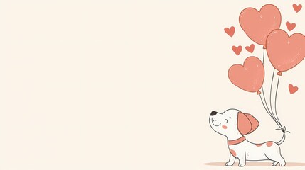 Cute dog looking at heart shaped balloons on a light background with space for text