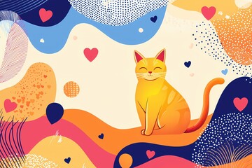 Fototapeta premium Orange cat sitting with abstract shapes and hearts on a colorful background art illustration