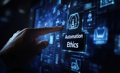Fototapeta premium Businessman pointing at screen with automation ethics