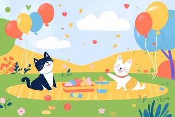 Obraz premium Two cats having a picnic with balloons and treats on a sunny day in a whimsical style