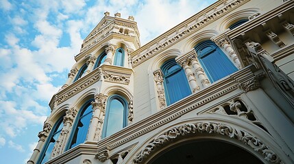 Low-angle view of ornate, cream-colored building with tower.