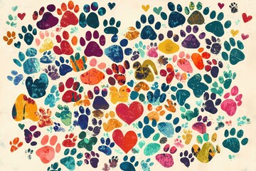 Fototapeta premium Colorful paw prints and hearts pattern on a light background abstract art style design