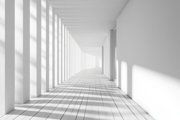 Fototapeta premium 3D stimulate of white room interior and wood plank floor with sun light cast rhythm of shadow on the wall,Perspective of minimal design architecture, Generative AI