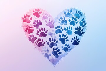 Paw Prints Forming Heart Shape with Pink and Blue Gradient on Soft Light Background