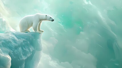 Naklejka premium Polar bear standing on ice cliff edge with soft light and abstract background in pale green