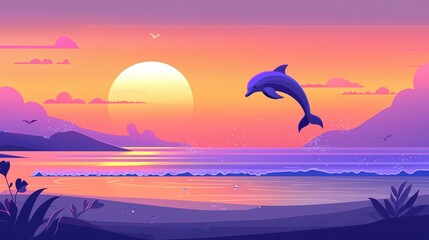 Dolphin jumping at sunset in a colorful landscape with ocean waves and a big sun