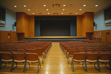 A silent school auditorium with rows of chairs and a stage in the background, waiting for the next big event