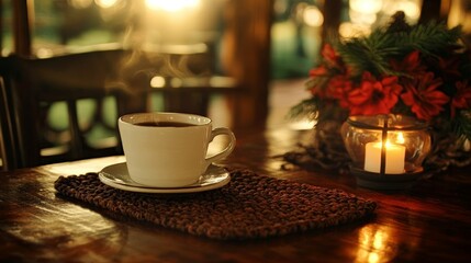 Fototapeta premium Warm Evening Coffee with Cozy Candlelight and Flowers
