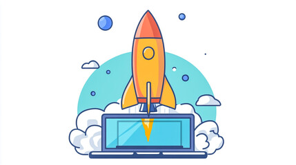 Fototapeta premium Launching Space Rocket From Laptop Screen isolated on white background.