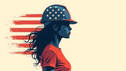 Retro-style illustration of a female worker, reminiscent of Rosie the Riveter, with an American flag backdrop. Perfect for Labor Day, women's empowerment, and US manufacturing themes.