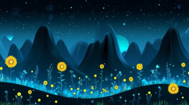 Nighttime mountain landscape with glowing, smiling flowers and a celestial moon
