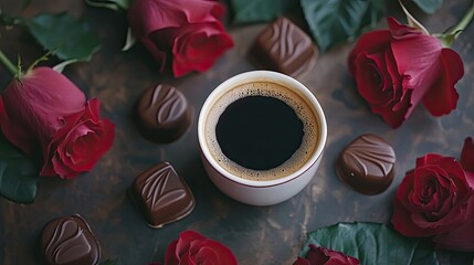 Romantic Valentine's Day flat lay with roses, coffee, and chocolates.
