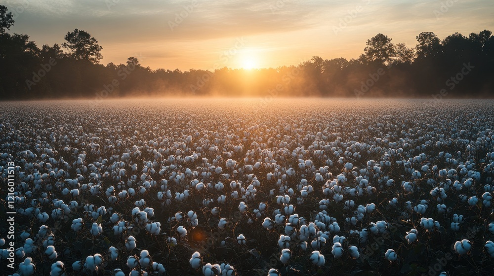 Canvas Prints Sunrise over a vast cotton field, morning mist, golden hour light.