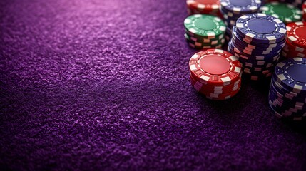 A purple felt surface with poker chips scattered around the outside edge of the frame. On a dark purple background. This could be used for an online casino website banner