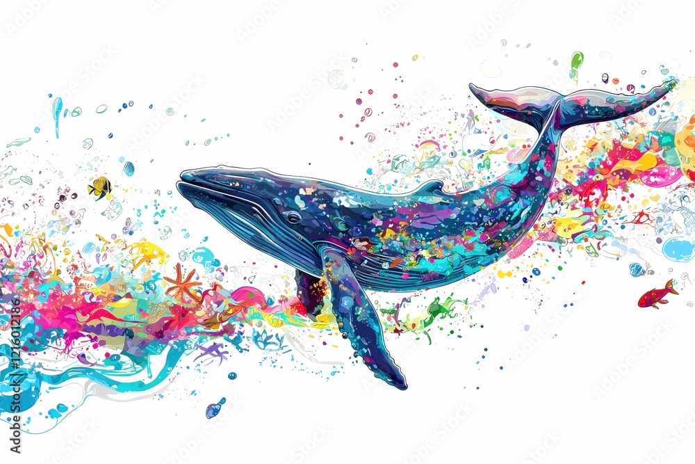 Poster colorful whale with abstract paint splashes and small fish on a white background art style