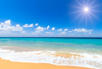 Obraz premium Aerial view of tropical paradise, pristine turquoise ocean, golden sandy beach, lush green coastline, bright sunlight, fluffy white clouds, vibrant blue sky, crystal clear water, summer vacation desti