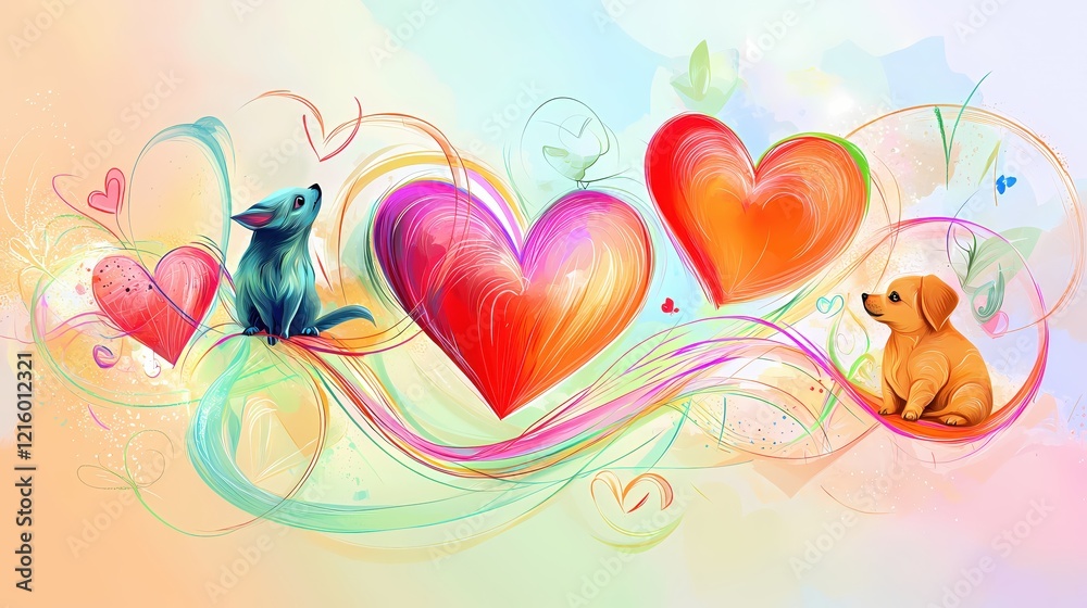 Poster two cute animals and floating hearts in a whimsical artistic style on a light background