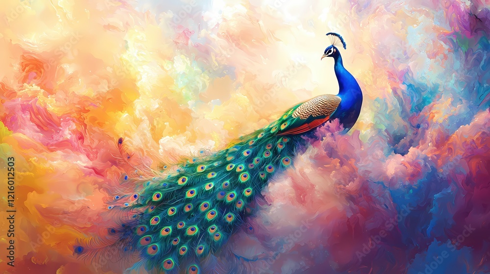 Poster elegant peacock with vibrant feathers on a colorful abstract background artistic painting