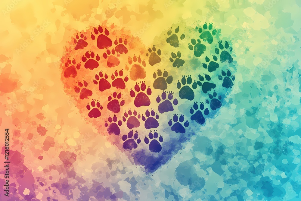Aufkleber heart shape made of paw prints on a vibrant watercolor background with gradient colors