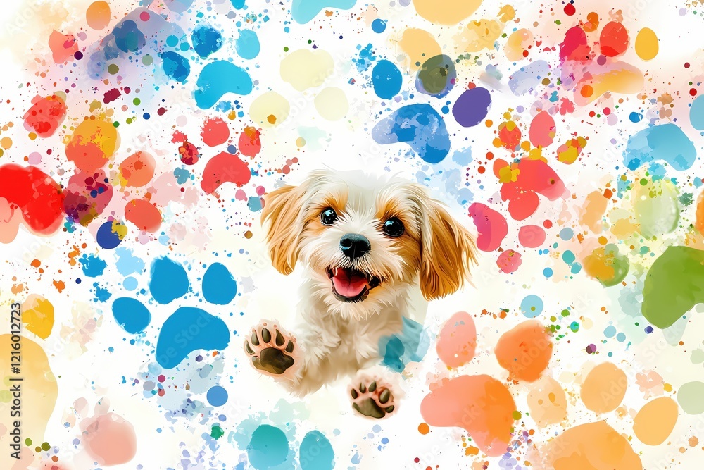 Poster playful puppy with colorful paw prints and paint splatters on a bright background