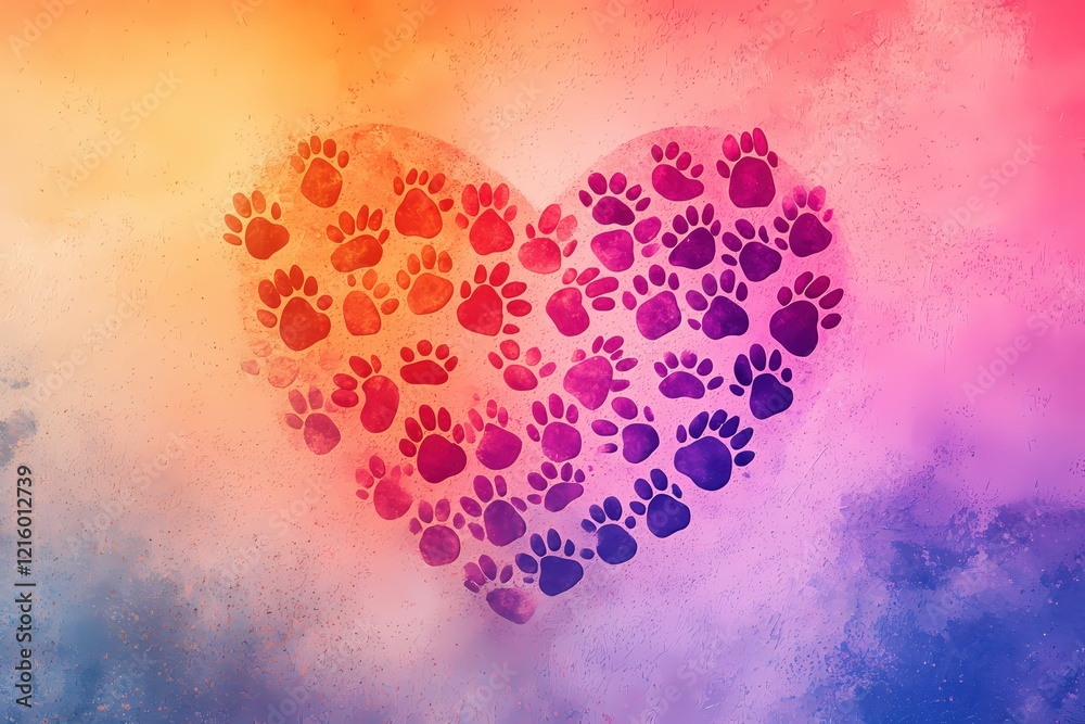 Poster heart shape made of animal paw prints on a colorful gradient background with a textured surface