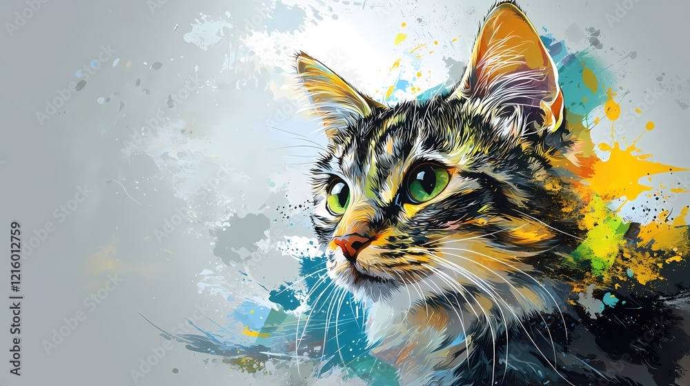 Poster artistic feline portrait with vibrant colors and abstract background in a digital painting style