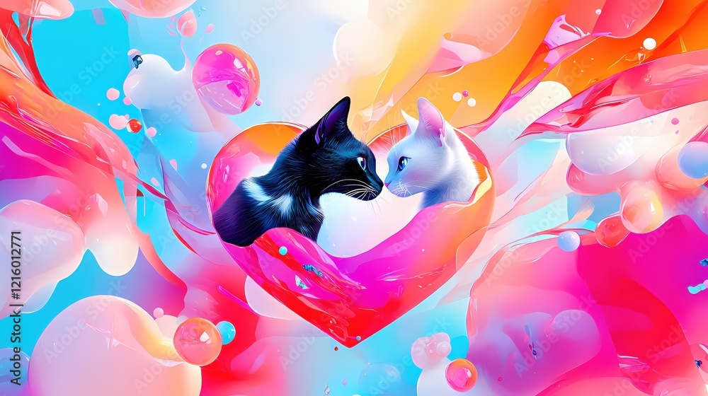 Poster two cats in a heart shape with vibrant colors and abstract shapes creating a dreamy scene
