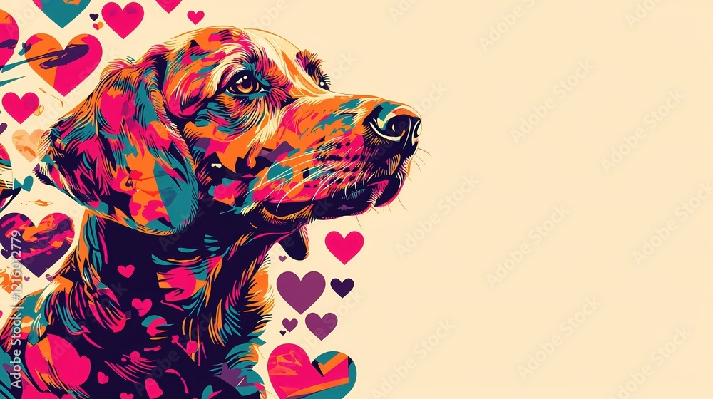 Poster Colorful dog portrait with heart shapes in a vibrant pop art style on a light background