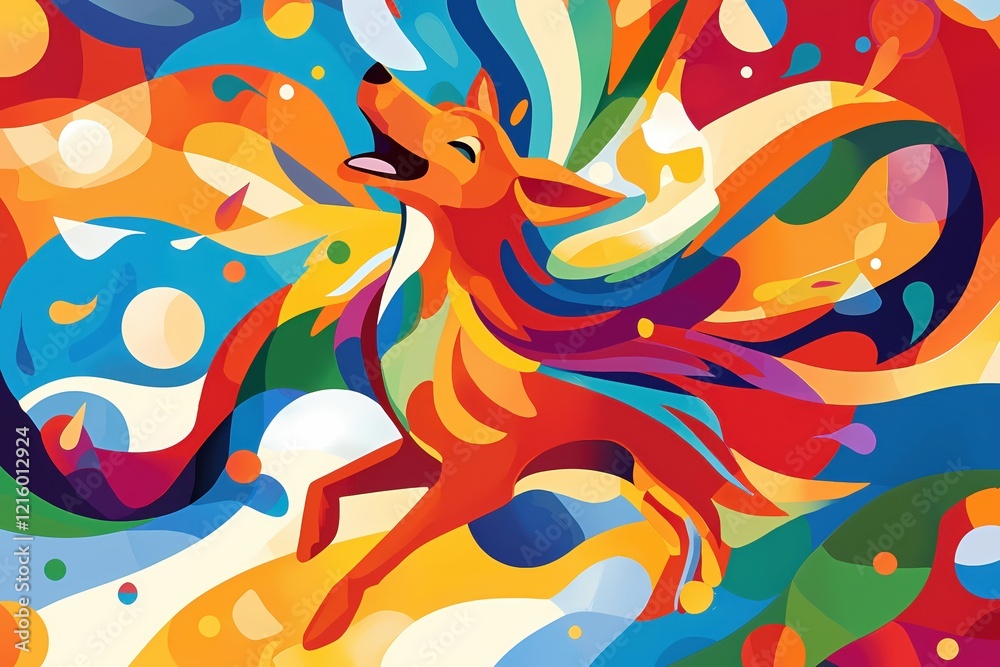 Poster colorful abstract dog illustration with vibrant flowing shapes in a dynamic composition