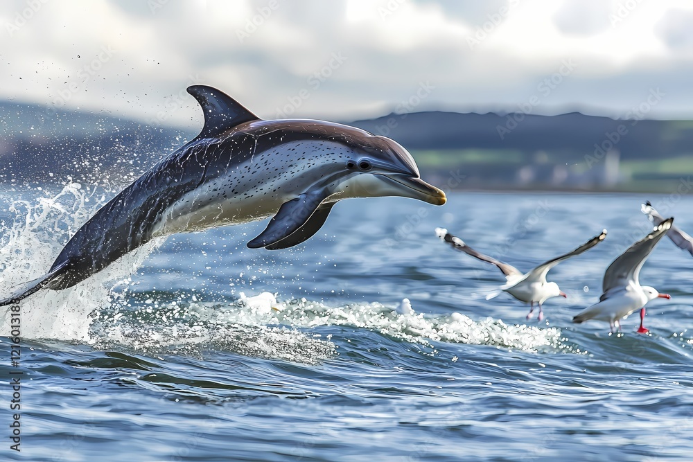 Poster Dolphin leaps from ocean with seagulls flying in background in a dynamic wildlife scene