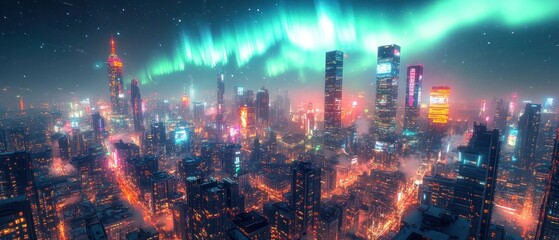 Obraz premium Vibrant city skyline under auroras at night