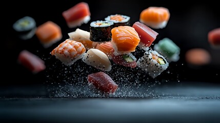 Flying Sushi, dark background, food photography, restaurant menu