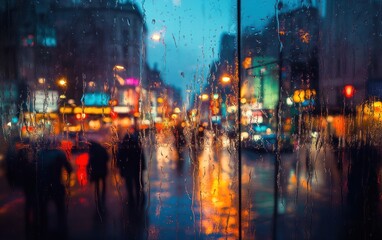 Naklejka premium Rainy City Night View with Blurry Lights and Silhouettes through a Wet Window
