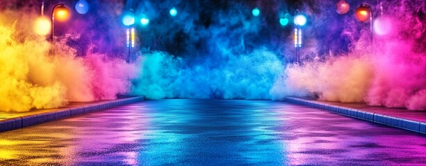 Music concert posters, Abstract Night Street with Colorful Lights and Fog, Colorful stage lights background, concert stage lighting, vibrant stage smoke atmosphere for party design