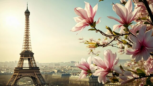 Blooming magnolias frame the Eiffel Tower against a soft evening sky in Paris during springtime