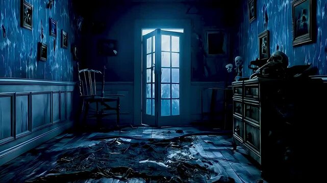 dark eerie abandoned room interior with decaying floor blue light coming through open door haunted house atmosphere