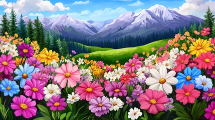 Fototapeta premium Colorful Blooming Flowers in Vibrant Landscape