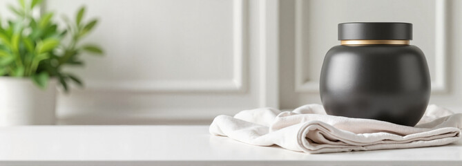 Human funeral urn on table with white cloth and plant background