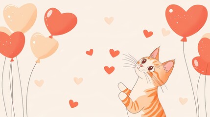 Cute orange tabby cat looking up at floating heart shaped balloons on a light background
