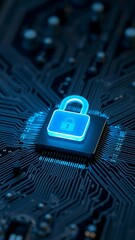  Blue glowing lock icon on a microchip, symbolizing digital security