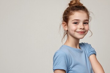 smiling young teenage girl wearing a blue t-shirt and jeans