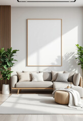 a gray sectional sofa with a white throw blanket and a beige ottoman, complemented by a large white picture frame hanging on the wall above the sofa. Cozy modern living room with photo frame design